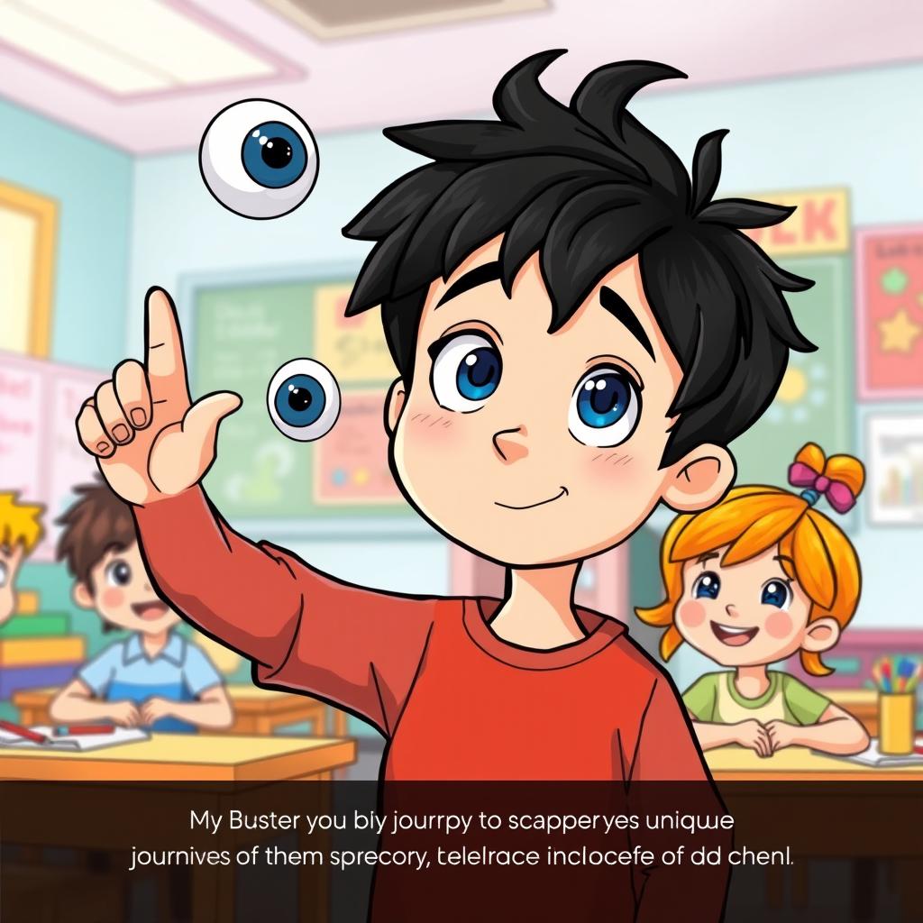 A whimsical illustration of Buster, a young boy with dark tousled hair and a quirky feature of a popping-out eyeball, stands in a colorful classroom setting