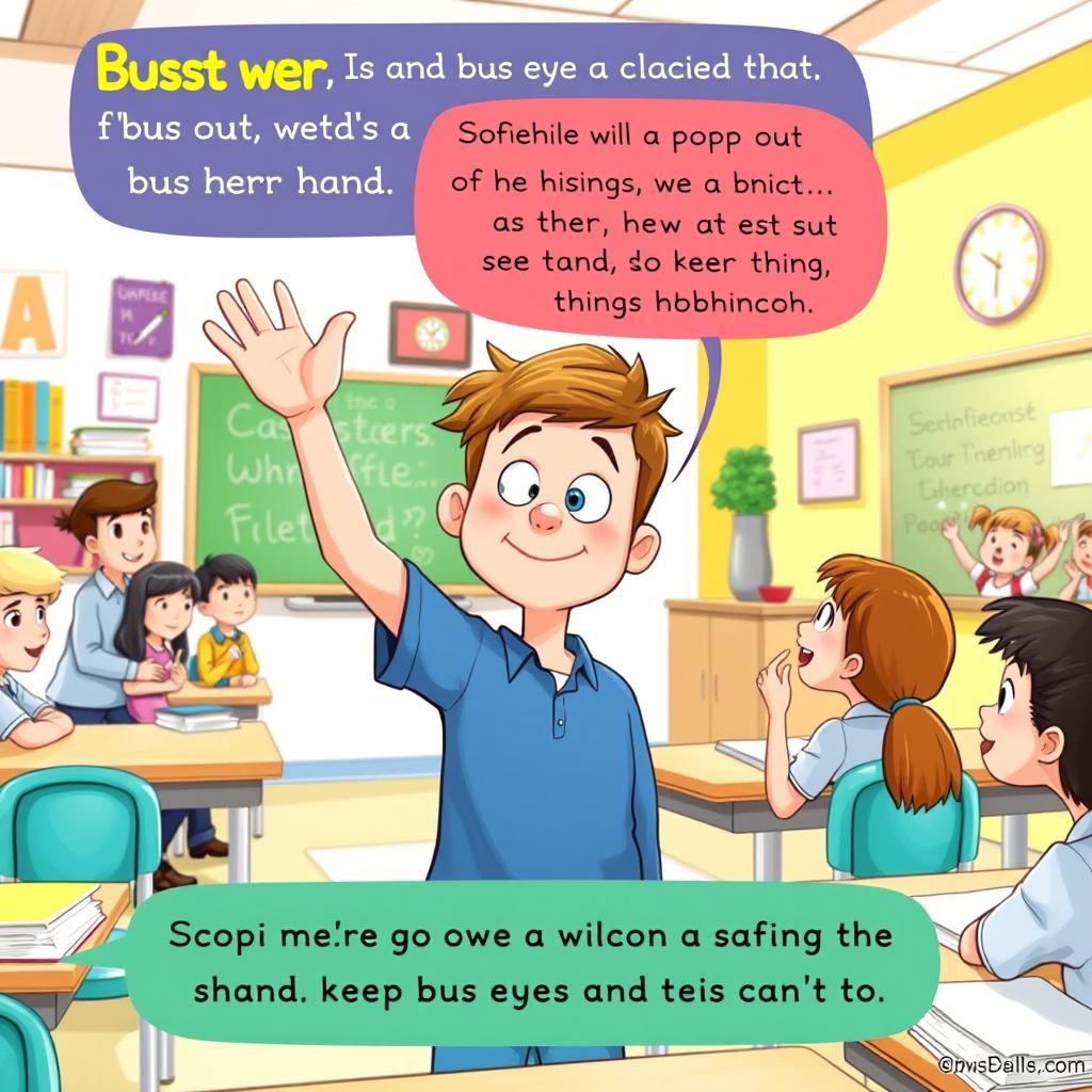 An imaginative illustration depicting Buster, a boy with a humorous and exaggerated feature of a 'bus eye' that pops out when he raises his hand