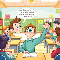 An imaginative illustration depicting Buster, a boy with a humorous and exaggerated feature of a 'bus eye' that pops out when he raises his hand