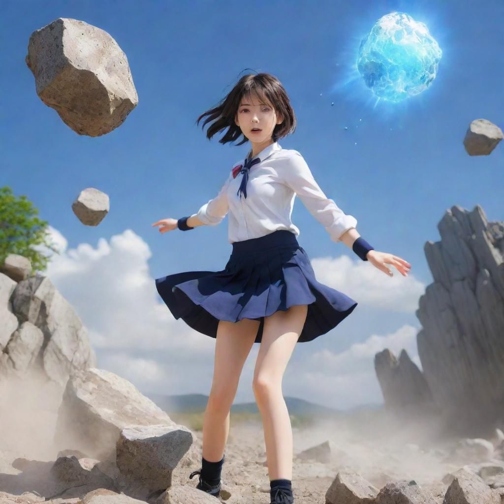 A teenage girl anime character in Japanese anime style, skillfully using her earth manipulation techniques, causing rocks and dust to levitate around her in a powerful display.