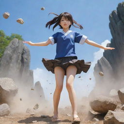 A teenage girl anime character in Japanese anime style, skillfully using her earth manipulation techniques, causing rocks and dust to levitate around her in a powerful display.