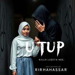 Dramatic book cover design for 'TUTUP' by RIRAHASRAR, capturing a blend of romance and mystery