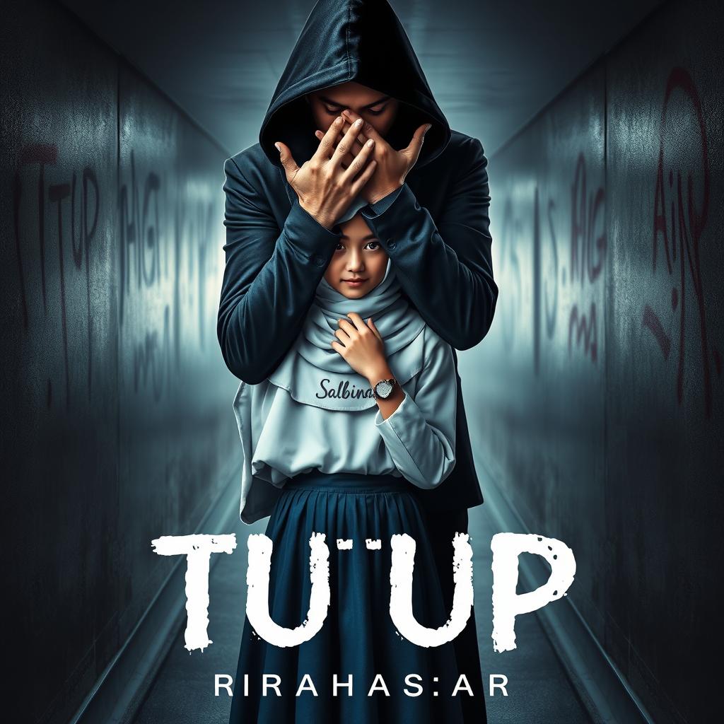 Dramatic book cover design for 'TUTUP' by RIRAHASRAR, capturing a blend of romance and mystery