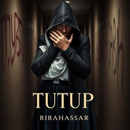 Dramatic book cover design for 'TUTUP' by RIRAHASRAR, capturing a blend of romance and mystery