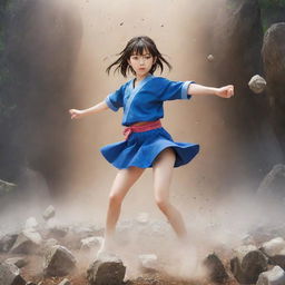 A teenage girl anime character in Japanese anime style, skillfully using her earth manipulation techniques, causing rocks and dust to levitate around her in a powerful display.