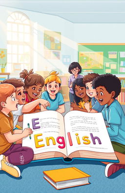 An illustration of a diverse group of enthusiastic students sitting around a large open book, actively engaged in learning English