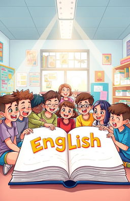 An illustration of a diverse group of enthusiastic students sitting around a large open book, actively engaged in learning English