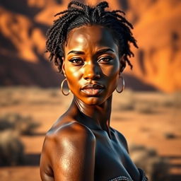 A beautiful Namibian woman with striking features, standing confidently and elegantly in a sunlit desert landscape