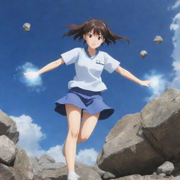 A teenage girl anime character in Japanese anime style, skillfully using her earth manipulation techniques, causing rocks and dust to levitate around her in a powerful display.