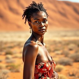 A beautiful Namibian woman with striking features, standing confidently and elegantly in a sunlit desert landscape