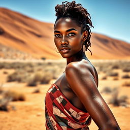 A beautiful Namibian woman with striking features, standing confidently and elegantly in a sunlit desert landscape