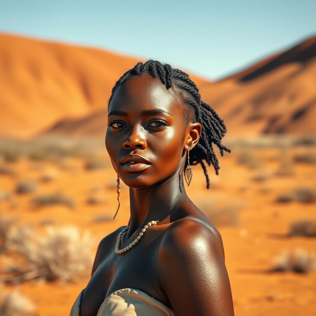 A beautiful Namibian woman with striking features, standing confidently and elegantly in a sunlit desert landscape