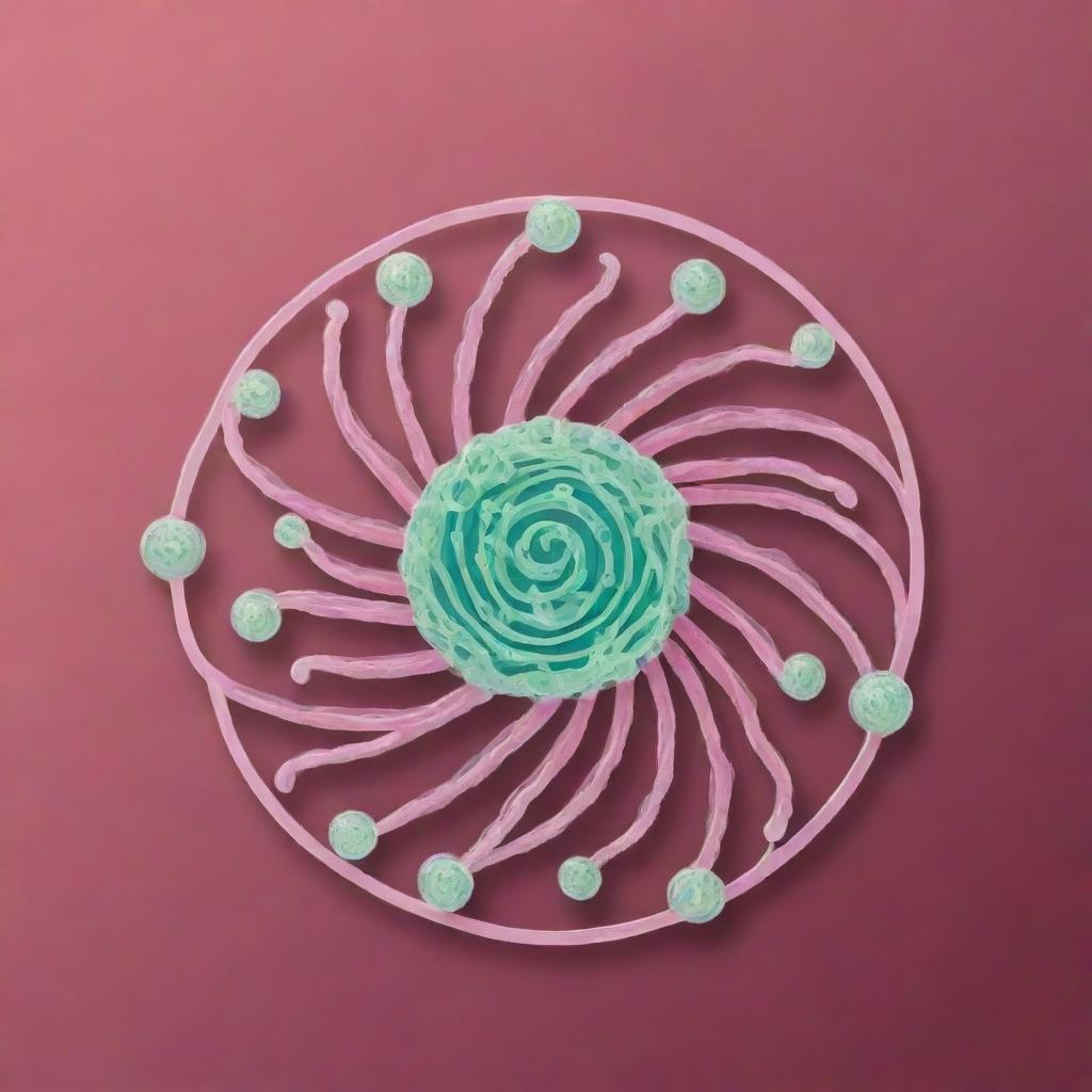 Create a cute, cartoon-style 'Spiral Mane Mastery' card, an 'upcell' type. Visualize an engaging cell in the midst of a swirling genetic transformation inspired by spirilla bacteria, signifying the emergence of a new basic cell into the Stable.