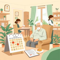 A caring and organized scene illustrating an elderly person returning home after hospitalization, surrounded by elements that symbolize the establishment of a daily safe routine