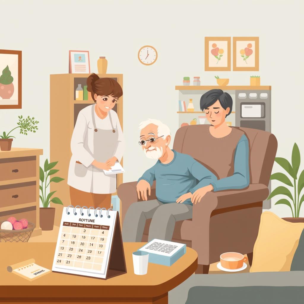 A caring and organized scene illustrating an elderly person returning home after hospitalization, surrounded by elements that symbolize the establishment of a daily safe routine