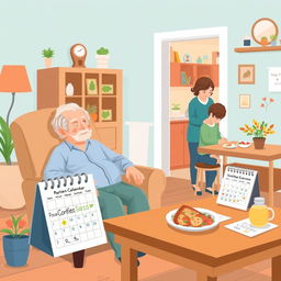 A caring and organized scene illustrating an elderly person returning home after hospitalization, surrounded by elements that symbolize the establishment of a daily safe routine