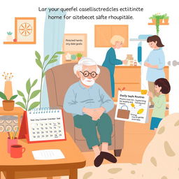 A caring and organized scene illustrating an elderly person returning home after hospitalization, surrounded by elements that symbolize the establishment of a daily safe routine