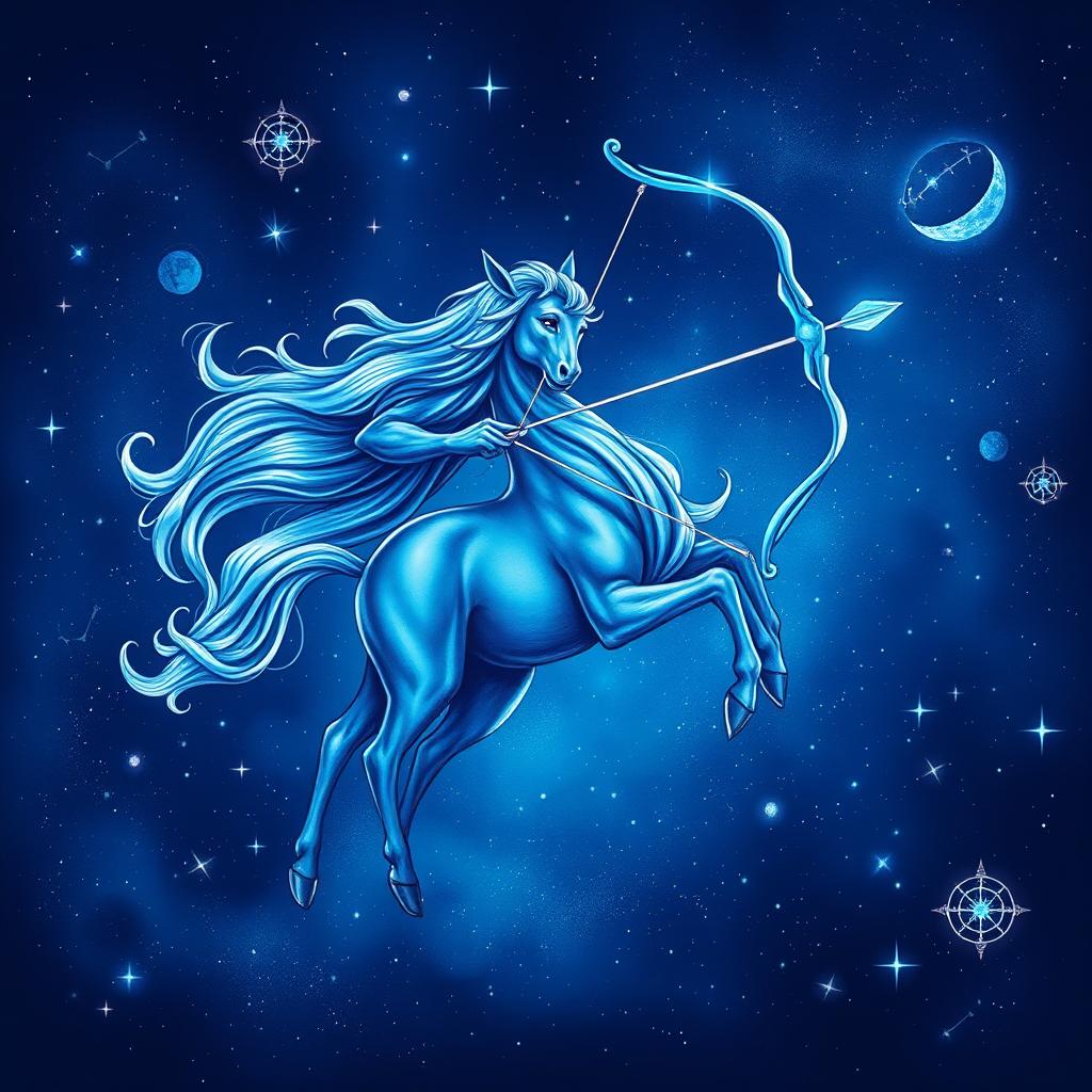 An intricate illustration of the Grêmio Sagitário Azul, a vibrant blue Sagittarius-themed graphic depicting a centaur archer in a dynamic pose