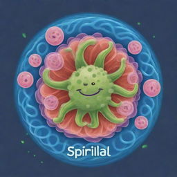 Create a cute, cartoon-style 'Spiral Mane Mastery' card, an 'upcell' type. Visualize an engaging cell in the midst of a swirling genetic transformation inspired by spirilla bacteria, signifying the emergence of a new basic cell into the Stable.