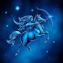 An intricate illustration of the Grêmio Sagitário Azul, a vibrant blue Sagittarius-themed graphic depicting a centaur archer in a dynamic pose