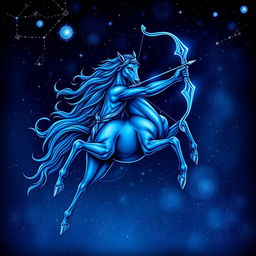 An intricate illustration of the Grêmio Sagitário Azul, a vibrant blue Sagittarius-themed graphic depicting a centaur archer in a dynamic pose