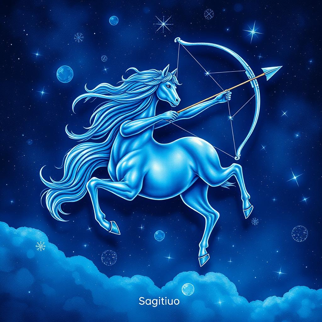 An intricate illustration of the Grêmio Sagitário Azul, a vibrant blue Sagittarius-themed graphic depicting a centaur archer in a dynamic pose