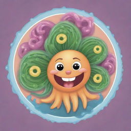 Create a cute, cartoon-style 'Spiral Mane Mastery' card, an 'upcell' type. Visualize an engaging cell in the midst of a swirling genetic transformation inspired by spirilla bacteria, signifying the emergence of a new basic cell into the Stable.