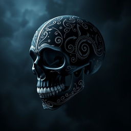 A striking black skull adorned with intricate Sagittarius symbols and designs