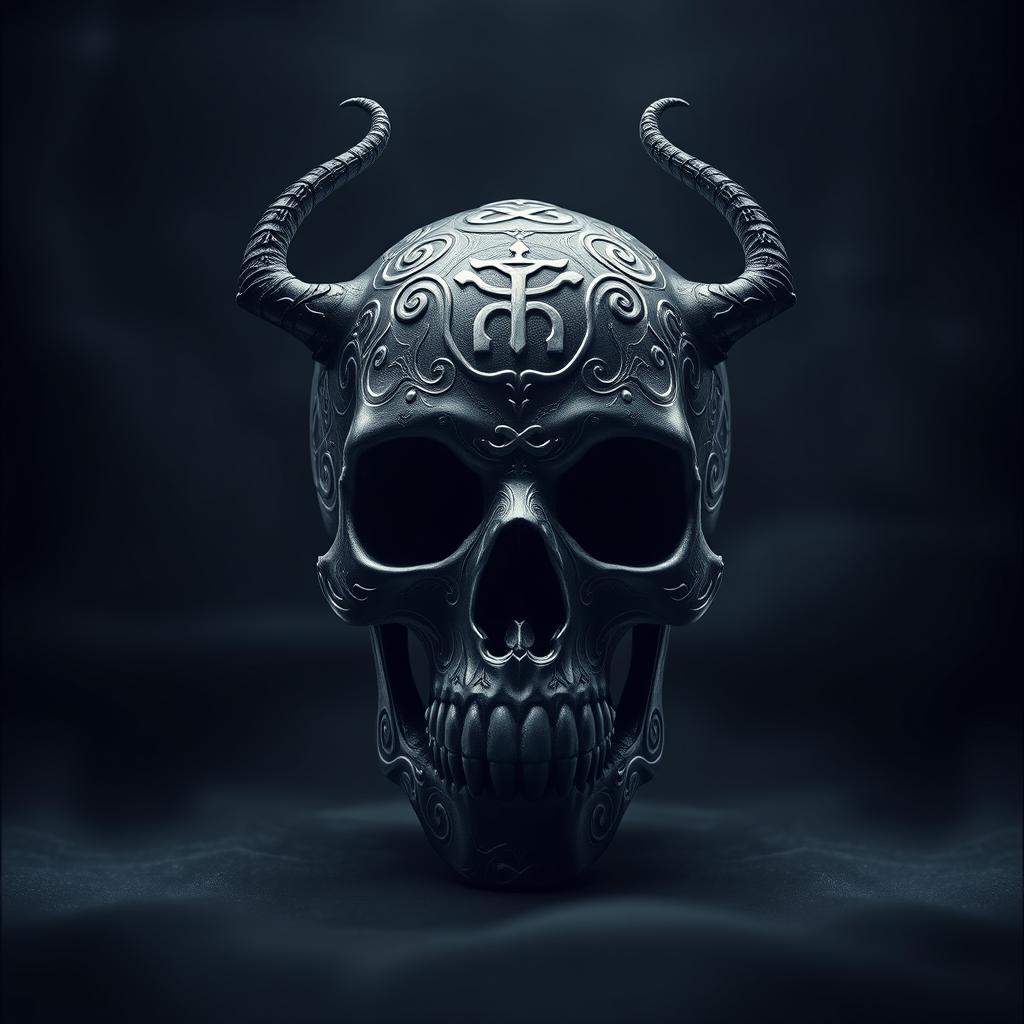 A striking black skull adorned with intricate Sagittarius symbols and designs