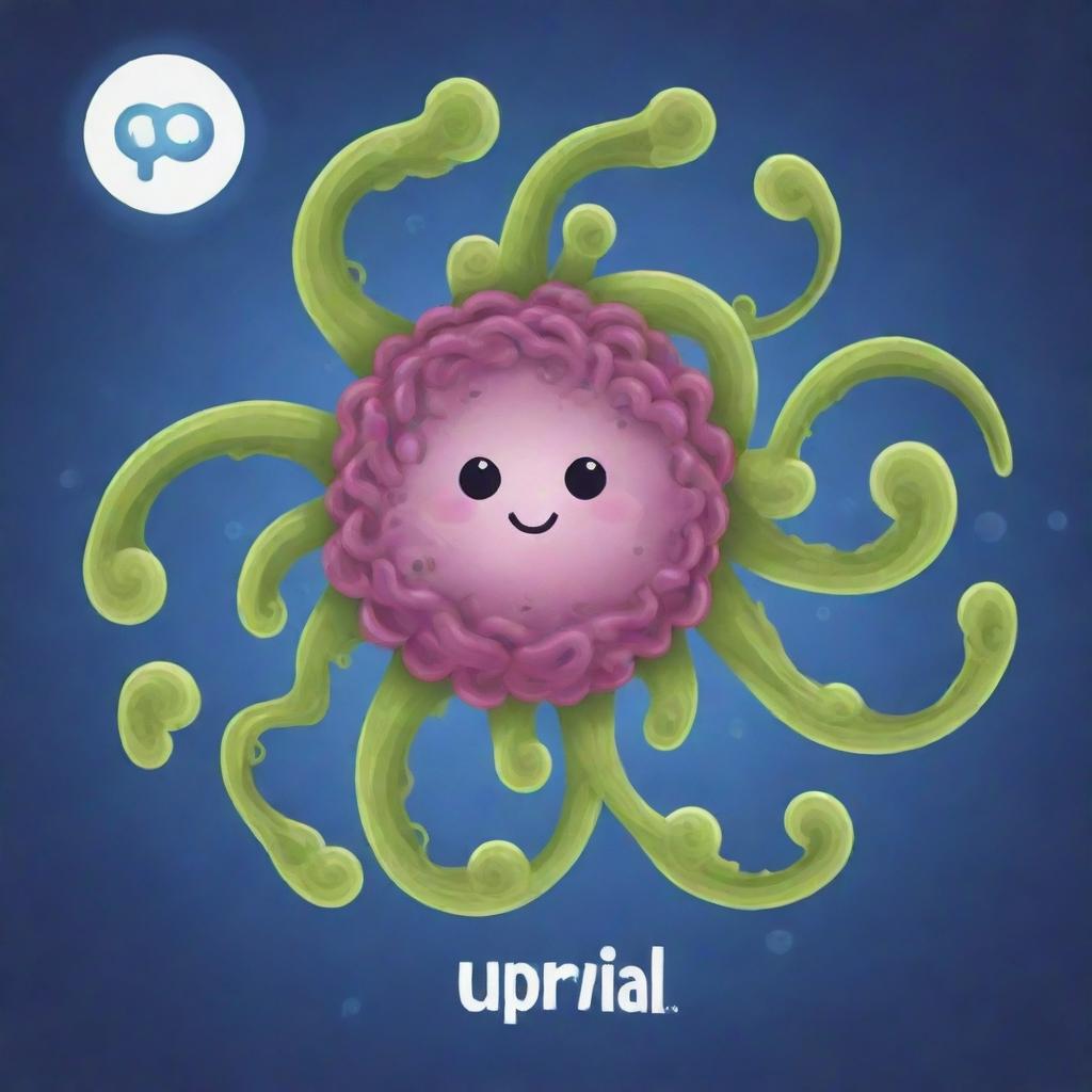 Create a cute, cartoon-style 'Spiral Mane Mastery' card, an 'upcell' type. Visualize an engaging cell in the midst of a swirling genetic transformation inspired by spirilla bacteria, signifying the emergence of a new basic cell into the Stable.