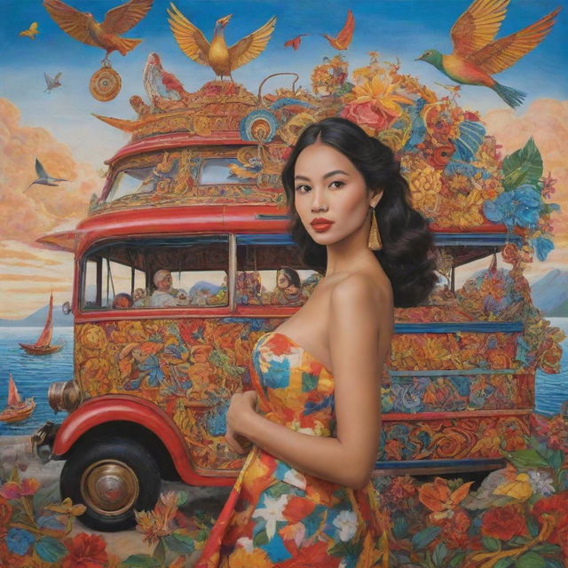 In the style of Mannerism, depict a Filipina woman surrounded by exaggerated and gracefully arranged symbols of her culture -- a sinuous archipelago, a twisting jeepney, and an elegant Sunbird stretched across the vibrant sky.