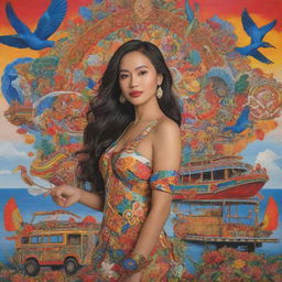 In the style of Mannerism, depict a Filipina woman surrounded by exaggerated and gracefully arranged symbols of her culture -- a sinuous archipelago, a twisting jeepney, and an elegant Sunbird stretched across the vibrant sky.