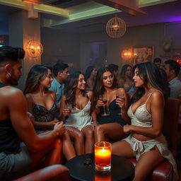 A vividly detailed scene capturing the energy and dynamics of an adult party atmosphere, featuring a diverse group of consenting adults engaged in flirtatious interactions