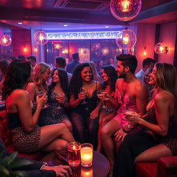 A vividly detailed scene capturing the energy and dynamics of an adult party atmosphere, featuring a diverse group of consenting adults engaged in flirtatious interactions