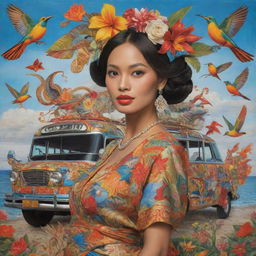 In the style of Mannerism, depict a Filipina woman surrounded by exaggerated and gracefully arranged symbols of her culture -- a sinuous archipelago, a twisting jeepney, and an elegant Sunbird stretched across the vibrant sky.