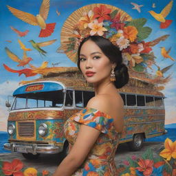 In the style of Mannerism, depict a Filipina woman surrounded by exaggerated and gracefully arranged symbols of her culture -- a sinuous archipelago, a twisting jeepney, and an elegant Sunbird stretched across the vibrant sky.