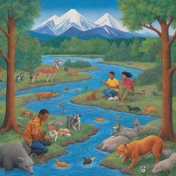 A vibrant environmental poster featuring diverse individuals acting as protectors, nurturing and enriching nature in creative ways. Trees, animals, rivers, and mountains abound in the background, communicating unity and resilience for the Earth's preservation.