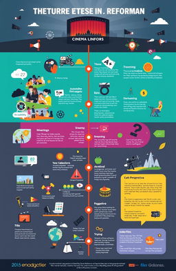 A detailed and visually engaging roadmap outlining the future of cinema reform, featuring vibrant illustrations of diverse film scenes, modern cinema technology, and elements like streaming, audience engagement, and indie film support