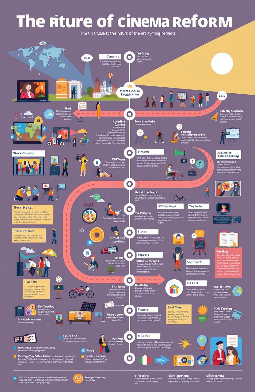 A detailed and visually engaging roadmap outlining the future of cinema reform, featuring vibrant illustrations of diverse film scenes, modern cinema technology, and elements like streaming, audience engagement, and indie film support