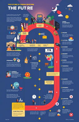 A detailed and visually engaging roadmap outlining the future of cinema reform, featuring vibrant illustrations of diverse film scenes, modern cinema technology, and elements like streaming, audience engagement, and indie film support