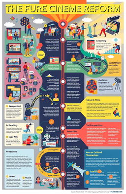 A detailed and visually engaging roadmap outlining the future of cinema reform, featuring vibrant illustrations of diverse film scenes, modern cinema technology, and elements like streaming, audience engagement, and indie film support