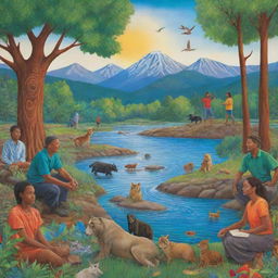 A vibrant environmental poster featuring diverse individuals acting as protectors, nurturing and enriching nature in creative ways. Trees, animals, rivers, and mountains abound in the background, communicating unity and resilience for the Earth's preservation.