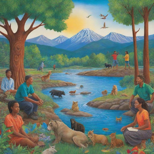 A vibrant environmental poster featuring diverse individuals acting as protectors, nurturing and enriching nature in creative ways. Trees, animals, rivers, and mountains abound in the background, communicating unity and resilience for the Earth's preservation.