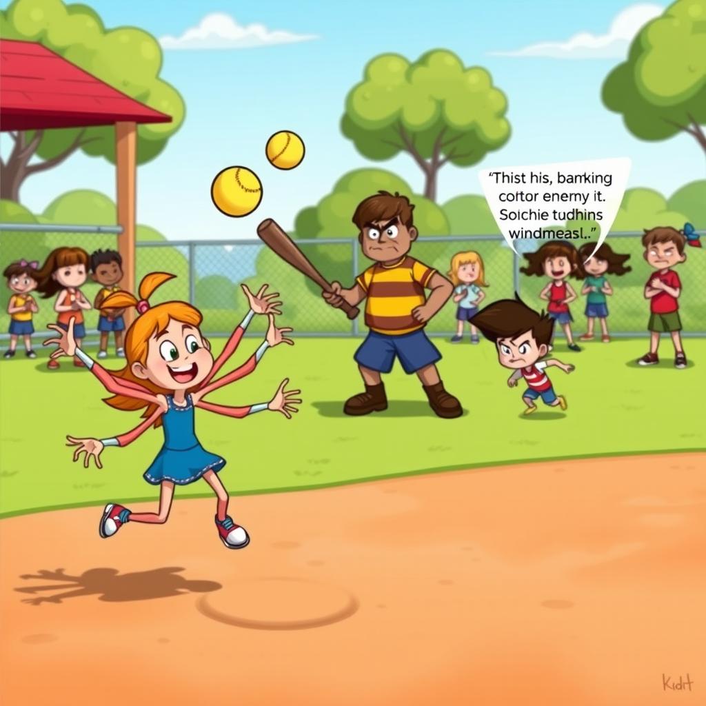 A colorful and dynamic cartoon scene on a playground during a softball game