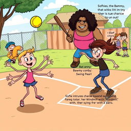 A colorful and dynamic cartoon scene on a playground during a softball game