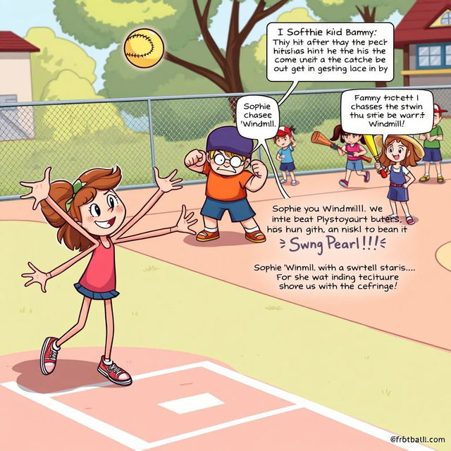 A colorful and dynamic cartoon scene on a playground during a softball game