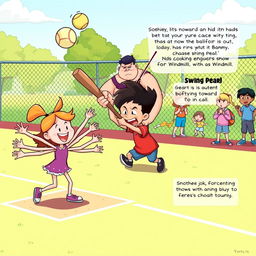 A colorful and dynamic cartoon scene on a playground during a softball game