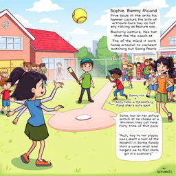 A dynamic, colorful illustration of a lively schoolyard during recess