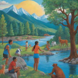 A vibrant environmental poster featuring diverse individuals acting as protectors, nurturing and enriching nature in creative ways. Trees, animals, rivers, and mountains abound in the background, communicating unity and resilience for the Earth's preservation.