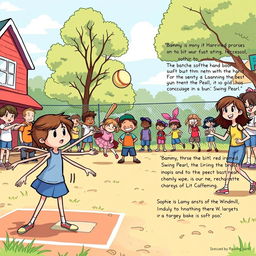 A dynamic, colorful illustration of a lively schoolyard during recess